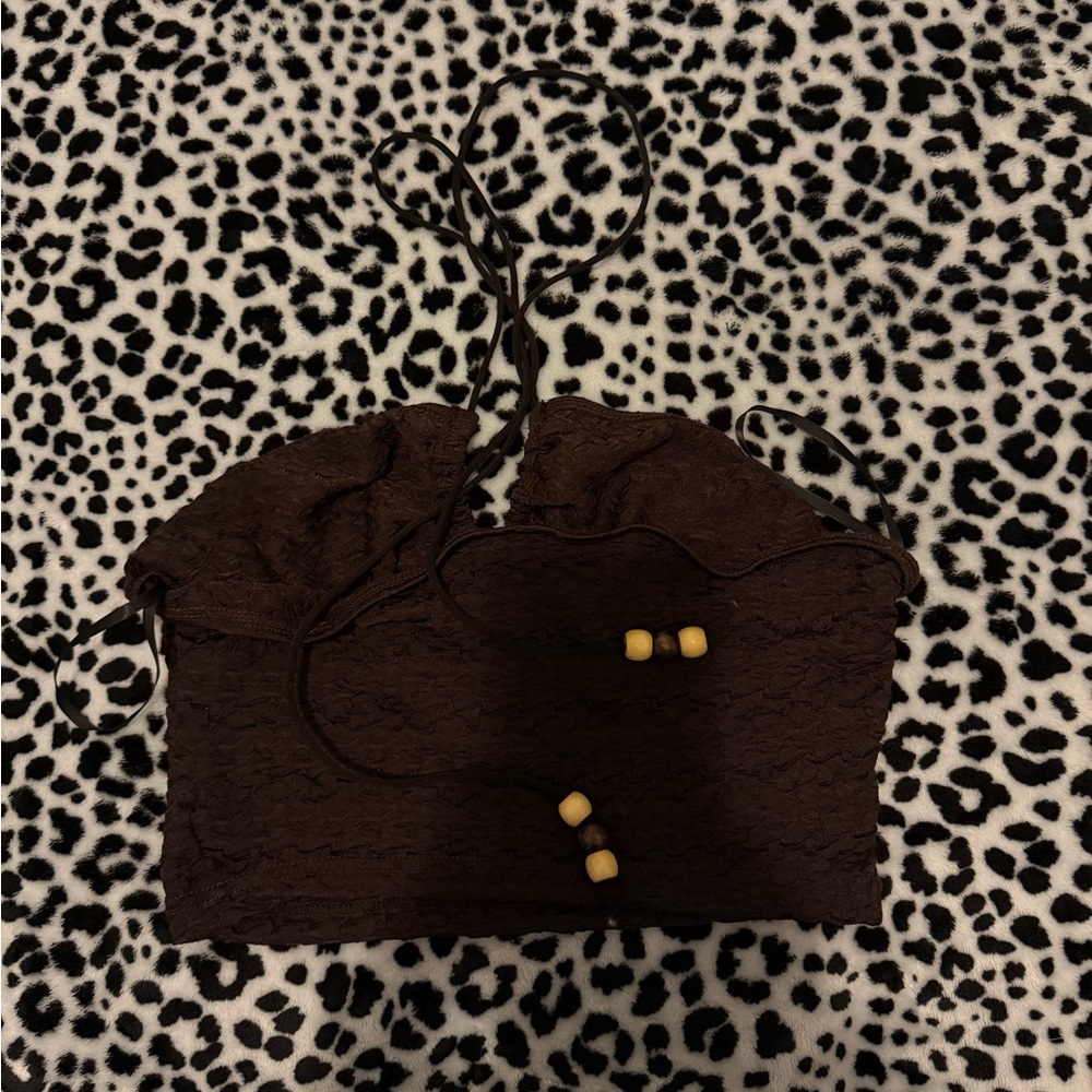 Brown Crop Top with Beaded Accents